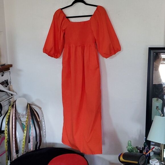 Free Assembly Bright Orange Midi/Maxi Dress with Pockets & Puff Sleeves Size XS - Picture 3 of 13